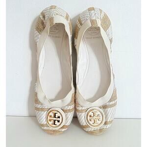 Tory Burch Caroline Woven Stripe Gold Logo Size 8 Flats